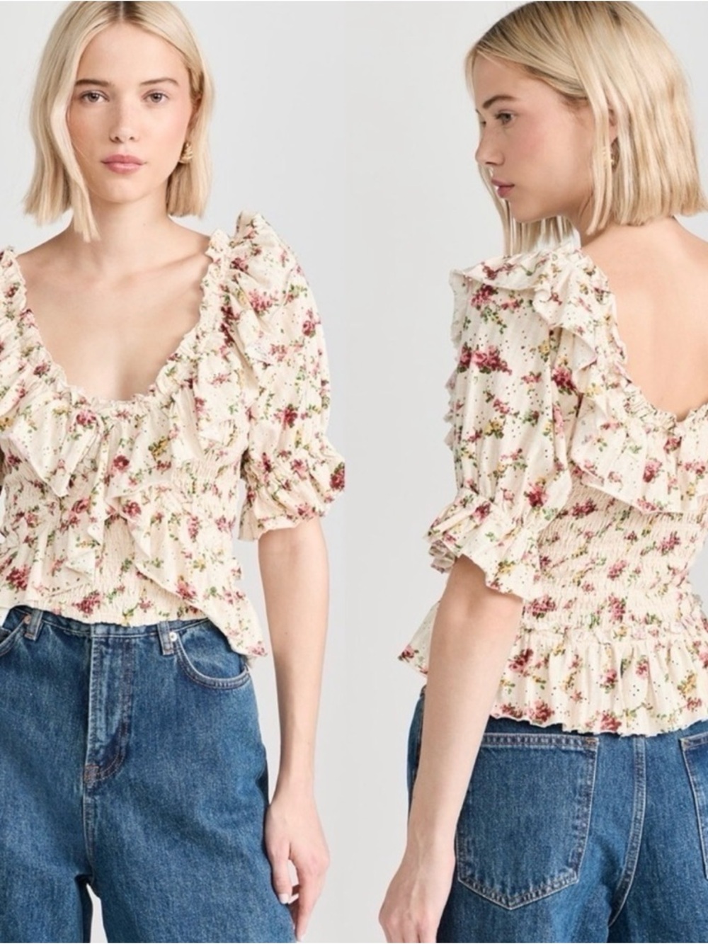 Free People Favorite Girl Cream Floral Ruffle Smocked Peplum Cropped Blouse
